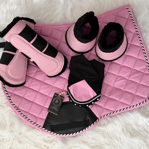 Baby Pink Saddle pad, Fly veil, Brushing Boots and bell boots